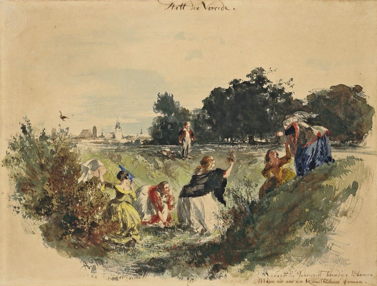 This picture shows the following artwork: Adolph Menzel. Blumenpflückende Frauen („Statt der Vorrede“). Circa 1850/52.