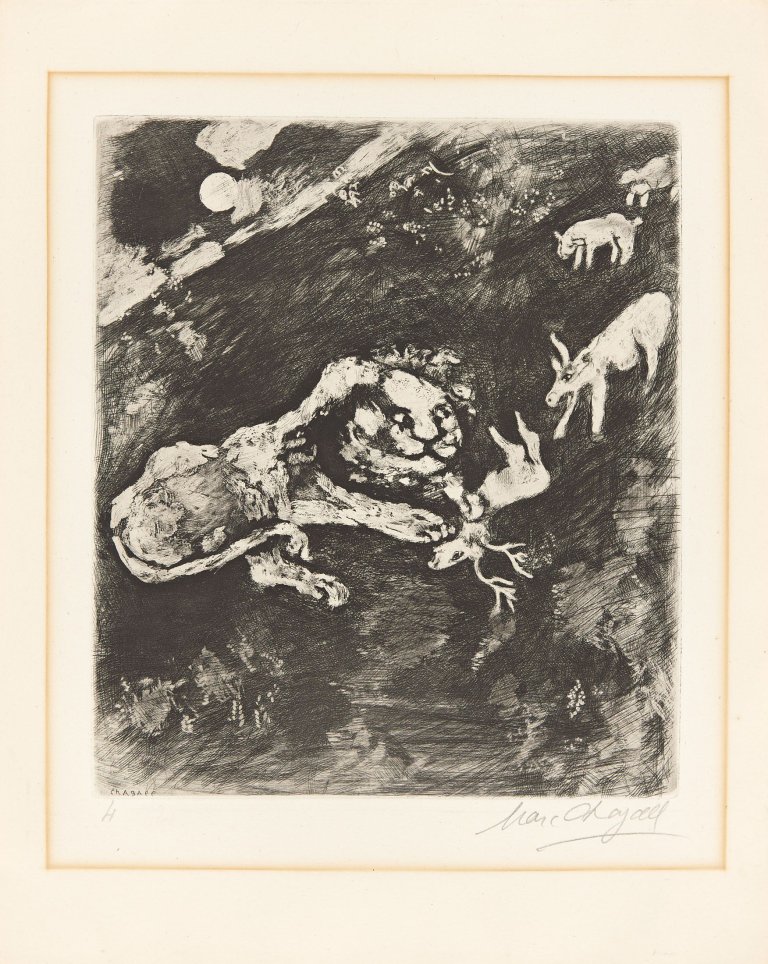 Auf diesem Bild ist das folgende Kunstwerk zu sehen: Marc Chagall. Aus: „Jean de La Fontaine Fables“. Um 1930.