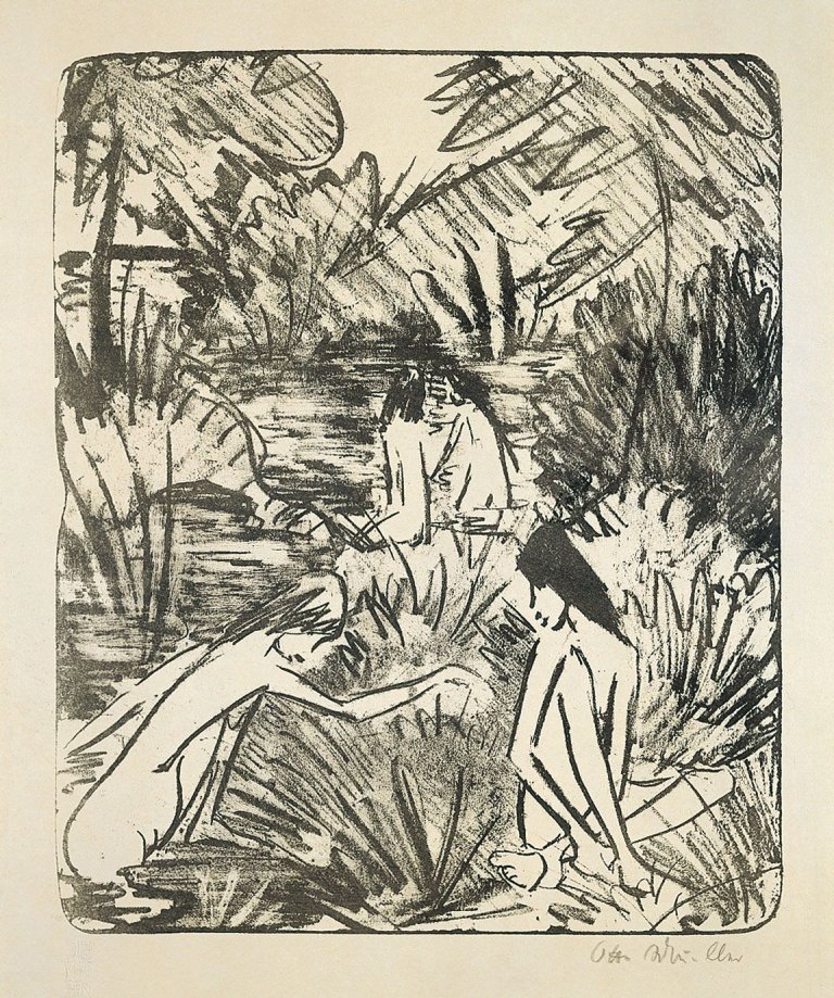 This picture shows the following artwork: Otto Mueller. „Waldsee mit drei badenden und einem sitzenden Mädchen 2“. 1918.