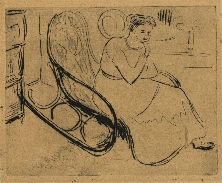 This picture shows the following artwork: Ernst Ludwig Kirchner. „Emmy Frisch im Schaukelstuhl“. 1908.