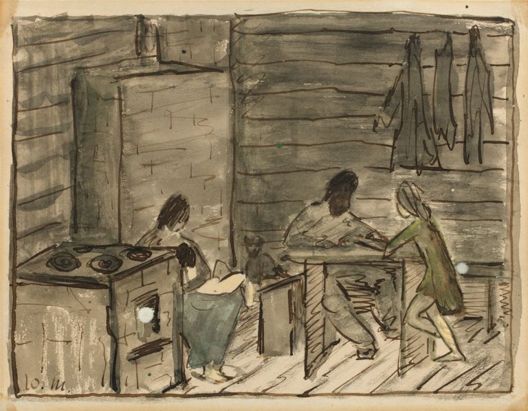 This picture shows the following artwork: Otto Mueller. „Zigeunerfamilie in der Holzhütte / Zigeunerfamile am Tisch“. Circa 1918.
