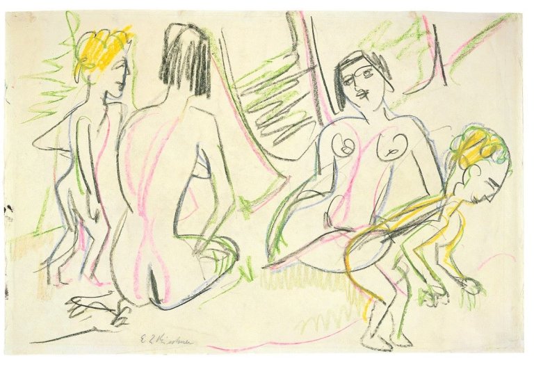 This picture shows the following artwork: Ernst Ludwig Kirchner. Zwei weibliche Akte und zwei Kinder. 1925.