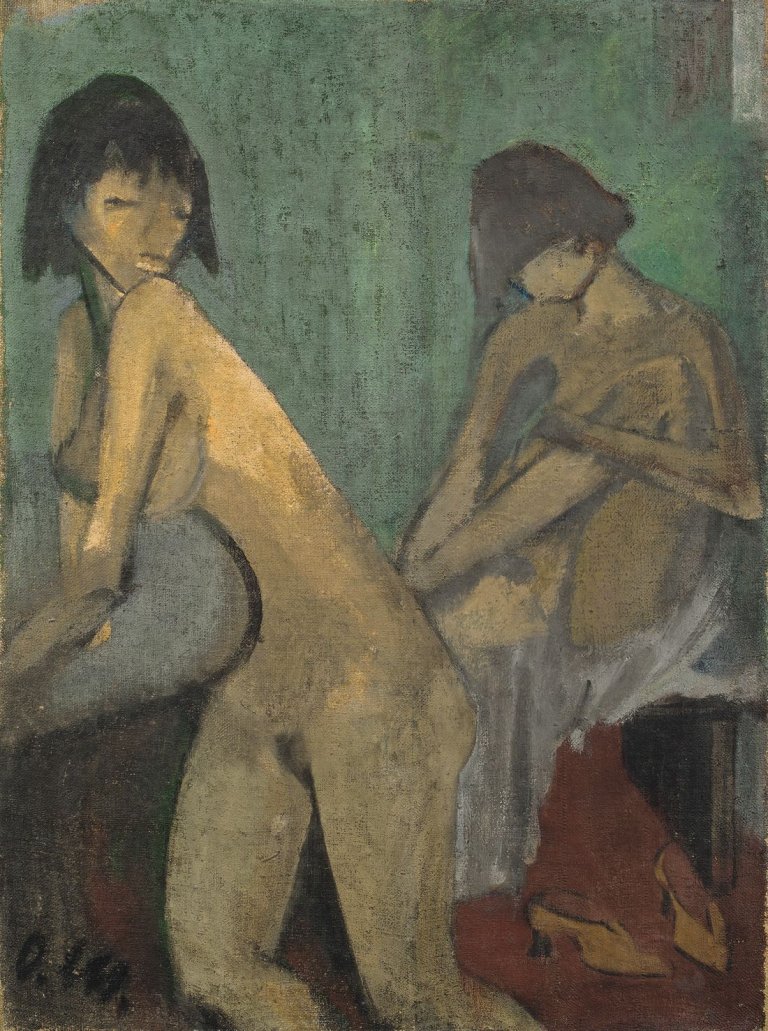 This picture shows the following artwork: Otto Mueller. „Zwei Mädchen“ („Zwei Mädchenakte in Dreiviertelfigur“). Circa 1924.