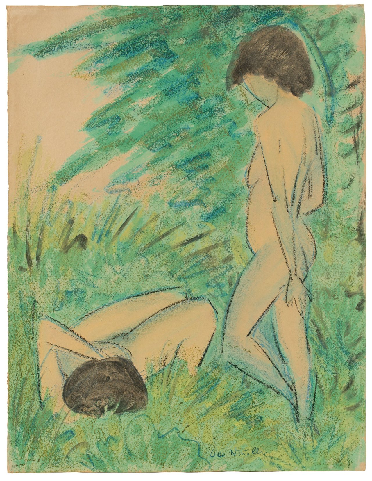 Auf diesem Bild ist das folgende Kunstwerk zu sehen: Otto Mueller. „Zwei weibliche Akte im Wald“.