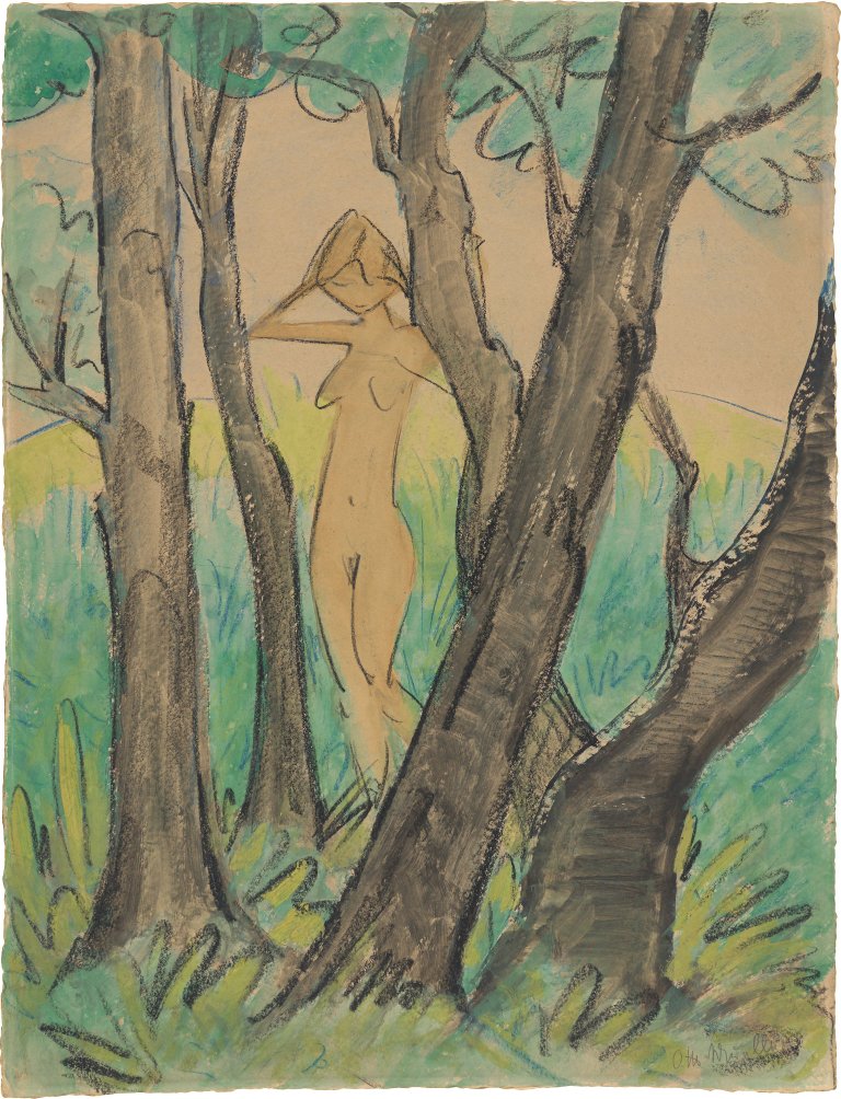 This picture shows the following artwork: Otto Mueller. ”Stehender weiblicher Akt zwischen Bäumen”. Circa 1925.
