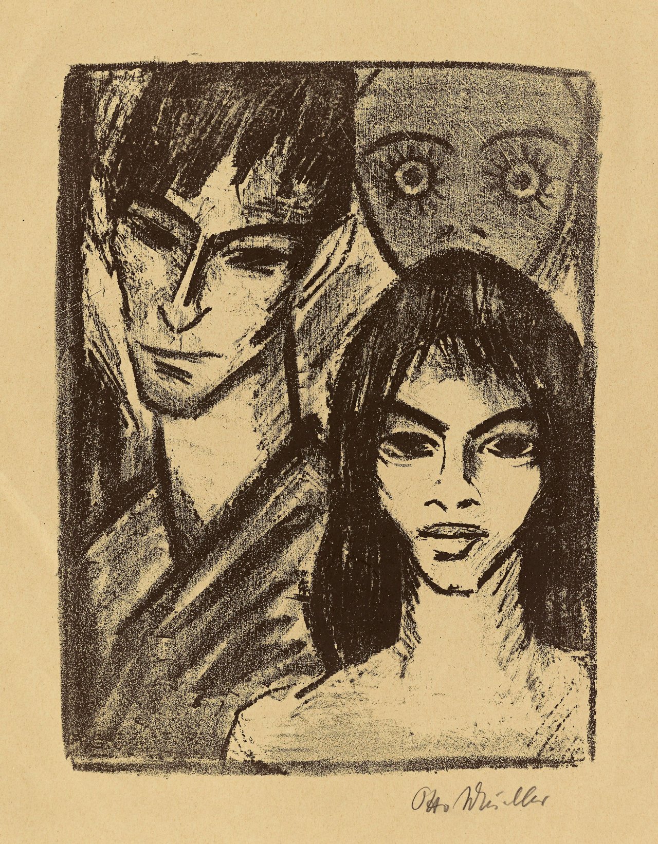 Auf diesem Bild ist das folgende Kunstwerk zu sehen: Otto Mueller. „Selbstbildnis mit Modell und Maske (Paar mit Maske)“. 1921-22.