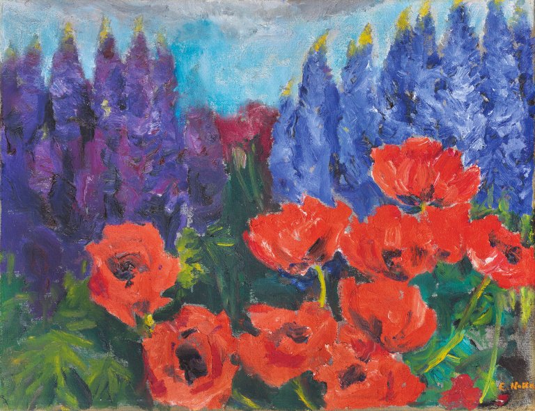 This picture shows the following artwork: Emil Nolde. ”Mohn und blaue Lupinen”. 1950.