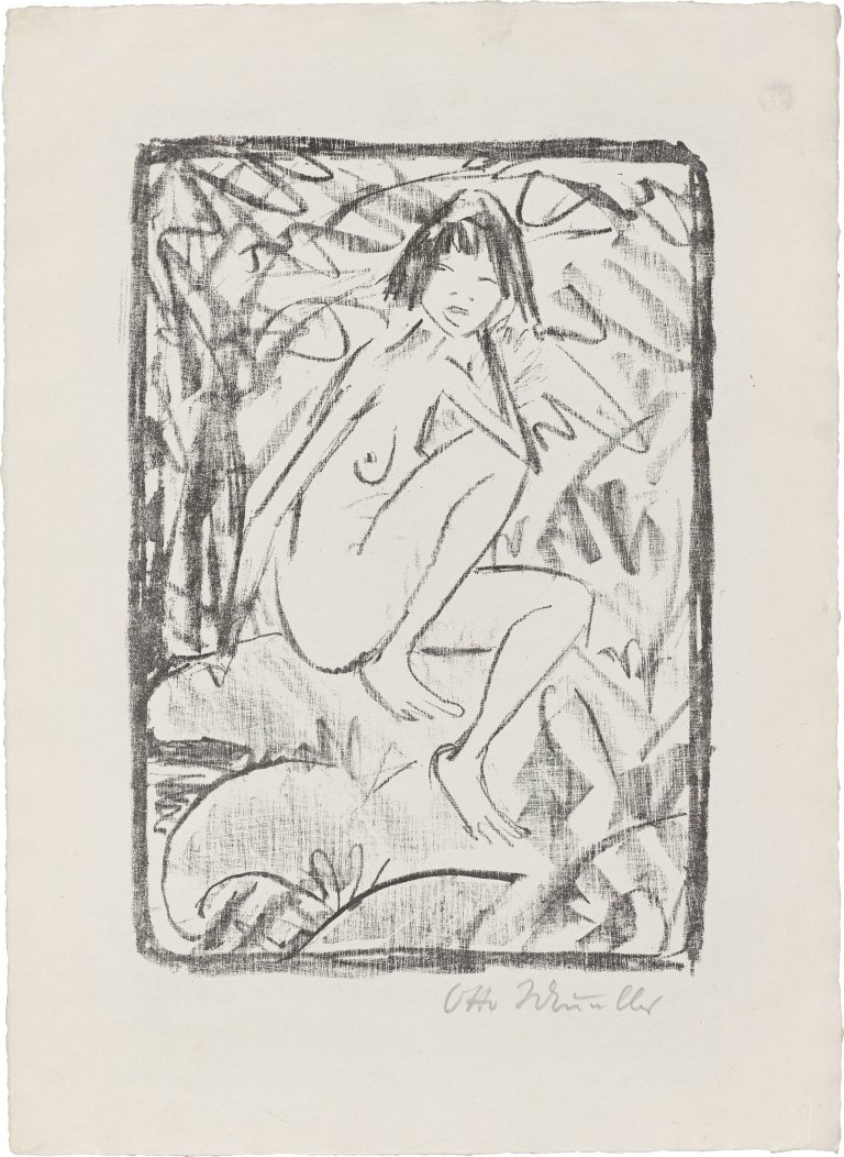 This picture shows the following artwork: Otto Mueller. ”Sitzende, von Blattwerk umgeben (helle Fassung)”. 1923.