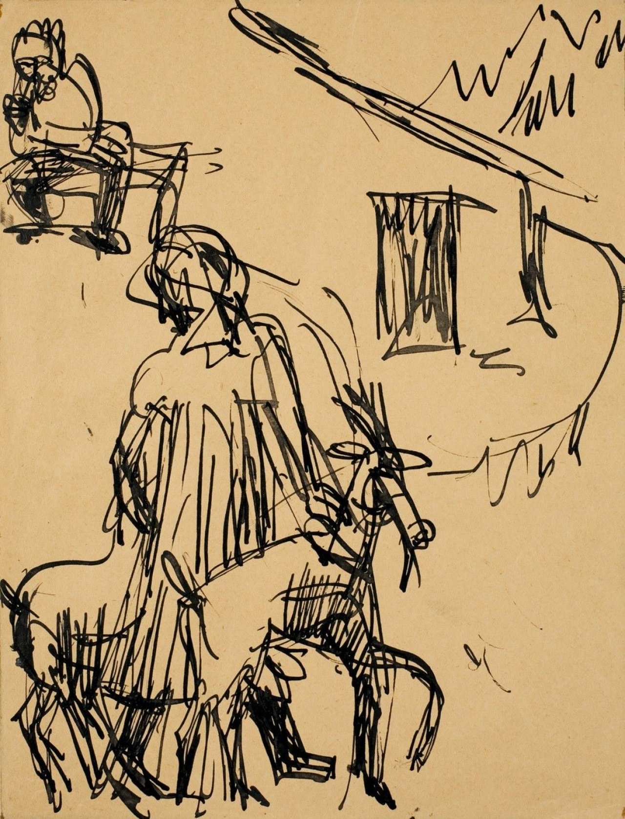 This picture shows the following artwork: Ernst Ludwig Kirchner. Berghütte mit Ziegen, Hirtin und Öhi (Oheim). Anfang der 1920er Jahre.