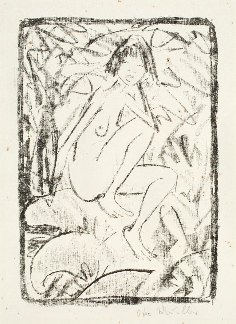 This picture shows the following artwork: Otto Mueller. „Sitzende, von Blattwerk umgeben (helle Fassung)“. 1923.