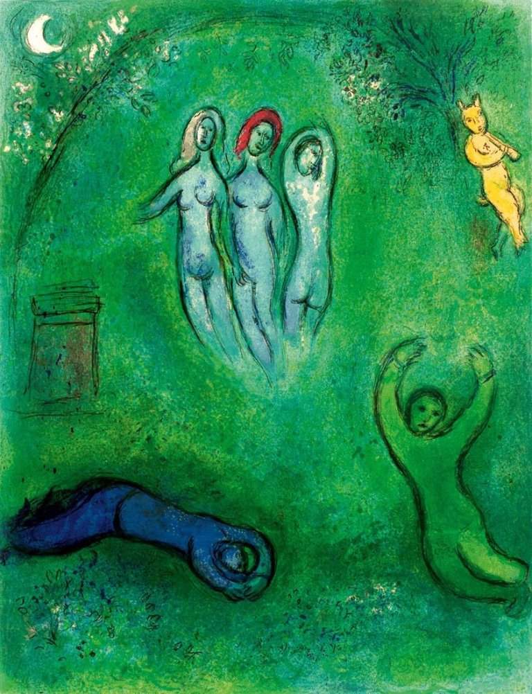 Auf diesem Bild ist das folgende Kunstwerk zu sehen: Marc Chagall. „Songe de Daphnis et les Nymphes“. 1961.