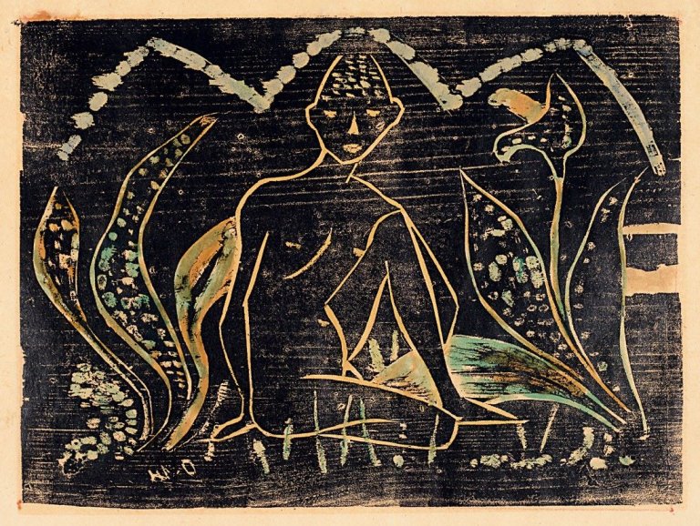 This picture shows the following artwork: Otto Mueller. „Knabe zwischen Blattpflanzen (Knabe im Schilf)“. 1912.