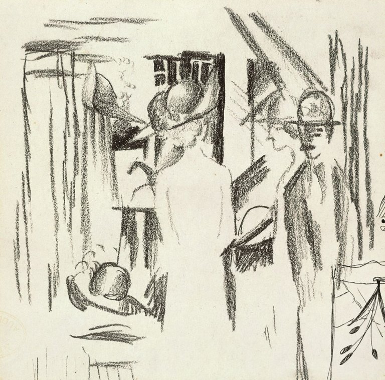 This picture shows the following artwork: August Macke. „Leute vor Hutladen, Knieende“. 1913.