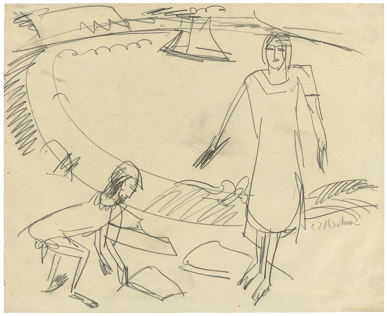Auf diesem Bild ist das folgende Kunstwerk zu sehen: Ernst Ludwig Kirchner. Zwei Menschen am Strand von Fehmarn. Um 1912.