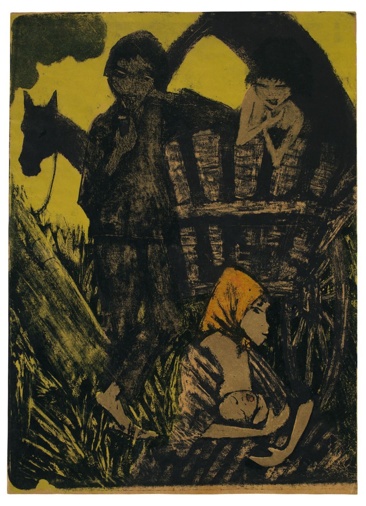 Auf diesem Bild ist das folgende Kunstwerk zu sehen: Otto Mueller. „Zigeunerfamilie am Planwagen“. 1926/27.