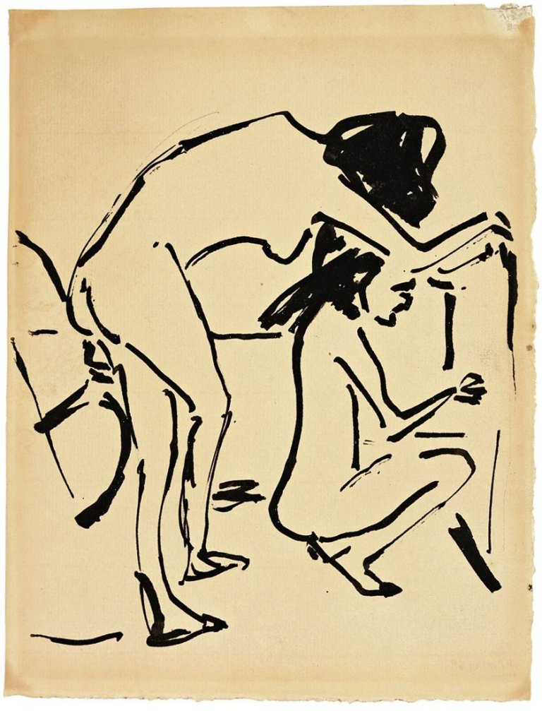 This picture shows the following artwork: Ernst Ludwig Kirchner. Stehender und hockender Mädchenakt im Atelier. Um 1910.