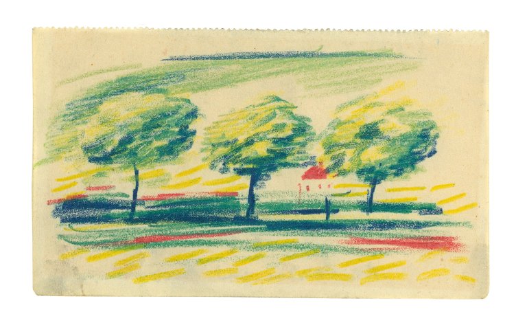 This picture shows the following artwork: August Macke. "Drei Bäume und Haus". 1912.