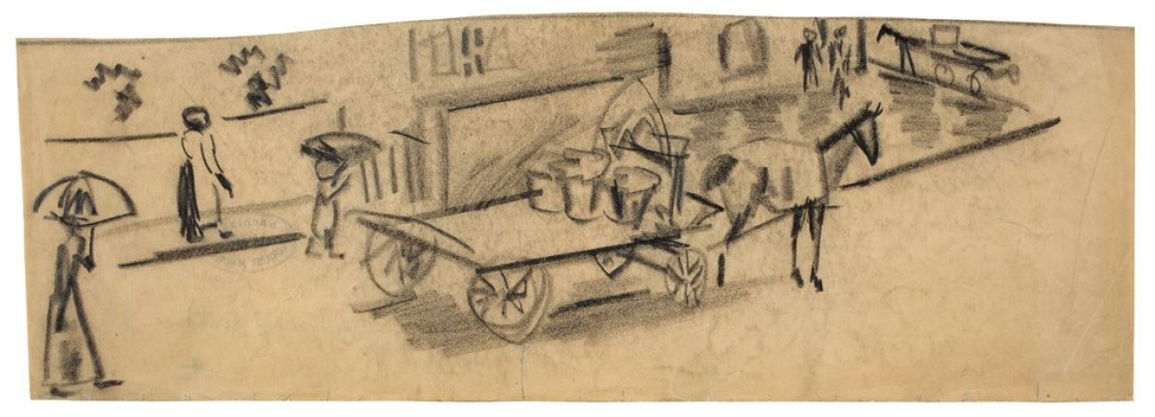 Auf diesem Bild ist das folgende Kunstwerk zu sehen: August Macke. „Szene auf der Straße“. 1912.