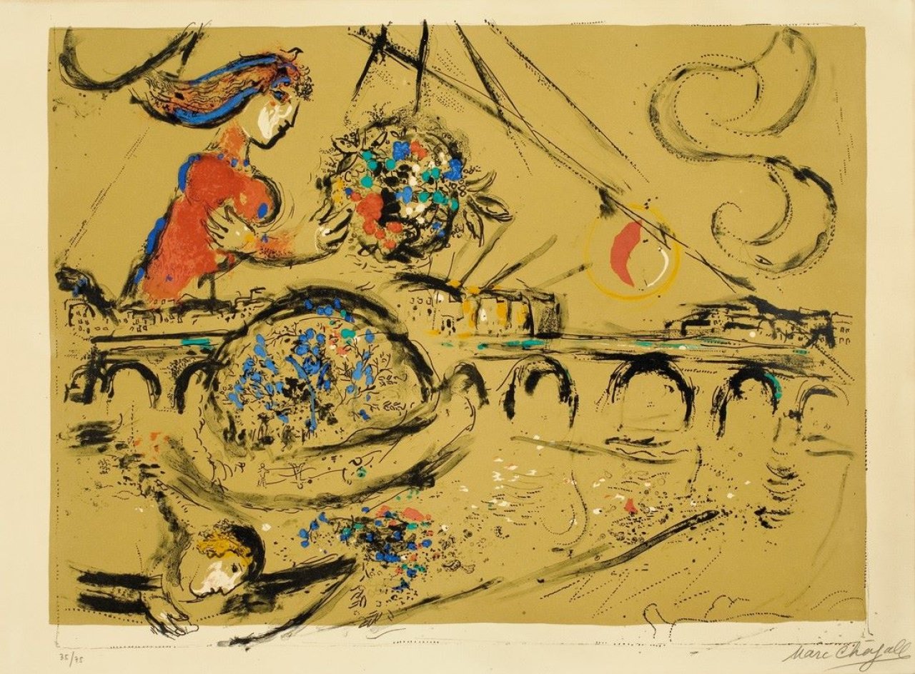 Auf diesem Bild ist das folgende Kunstwerk zu sehen: Marc Chagall. „Ile Saint Louis“. 1959.