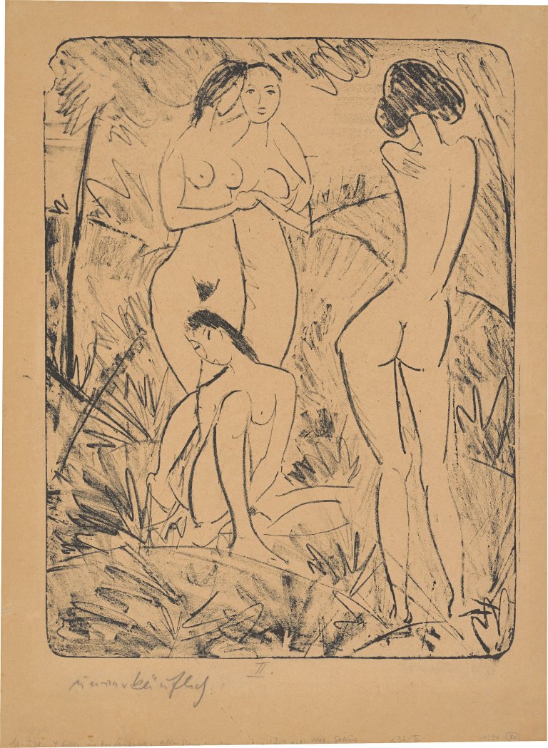 This picture shows the following artwork: Otto Mueller. ”Drei stehende und ein sitzendes Mädchen (Vier Akte in Landschaft)”. Circa 1914.