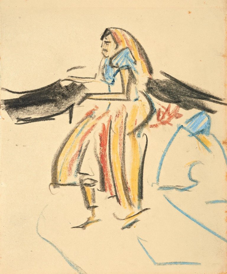 This picture shows the following artwork: Ernst Ludwig Kirchner. „Frau im bunten Kleid aus dem Zirkus Schumann“. 1910.