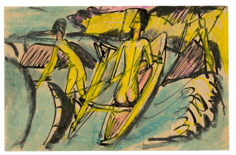 This picture shows the following artwork: Ernst Ludwig Kirchner. Bathing women with dugout canoe at Fehmarn beach. 1914.
