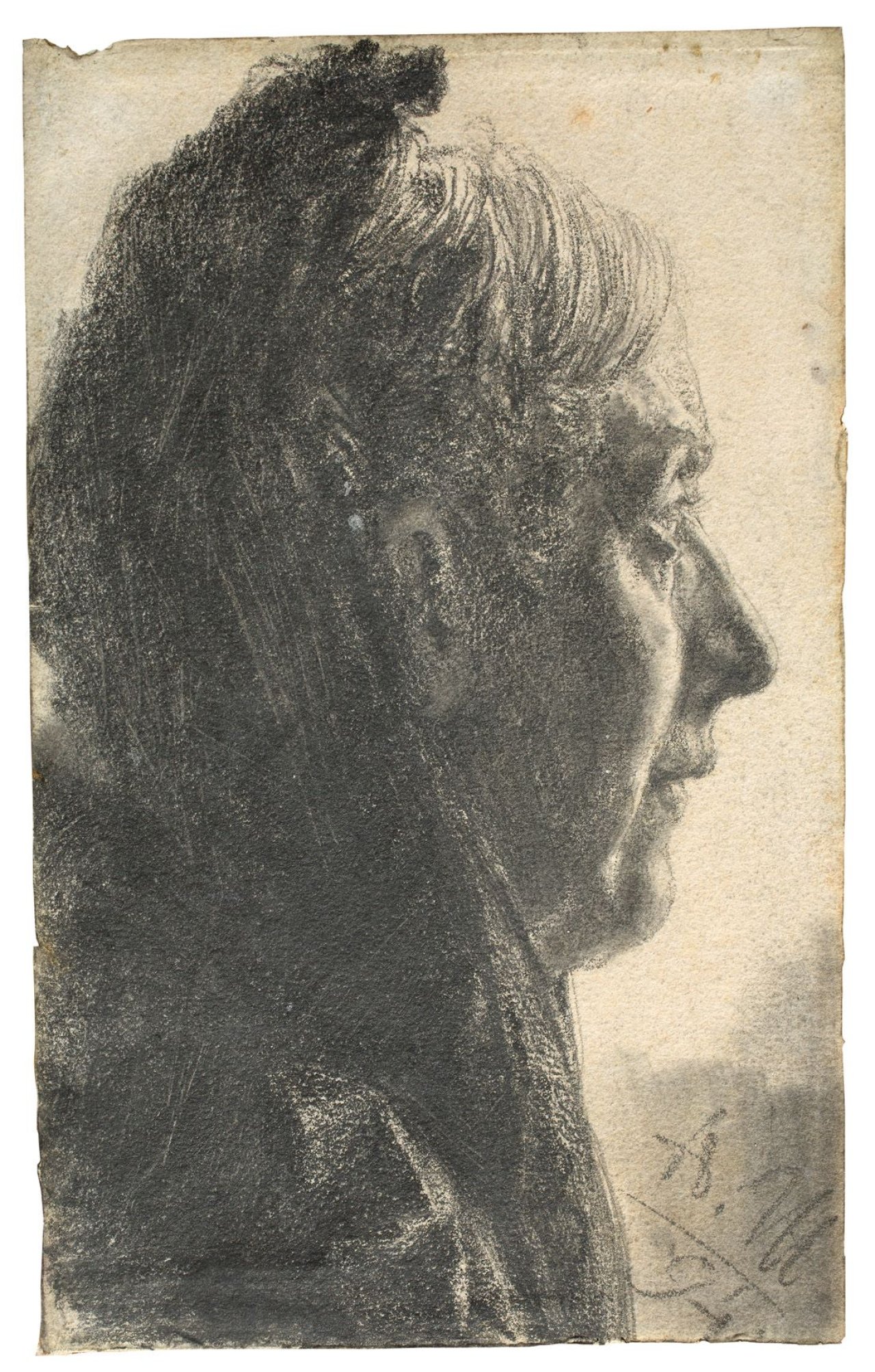 Auf diesem Bild ist das folgende Kunstwerk zu sehen: Adolph Menzel. Frau mit Mantille im Profil nach rechts. 1894.