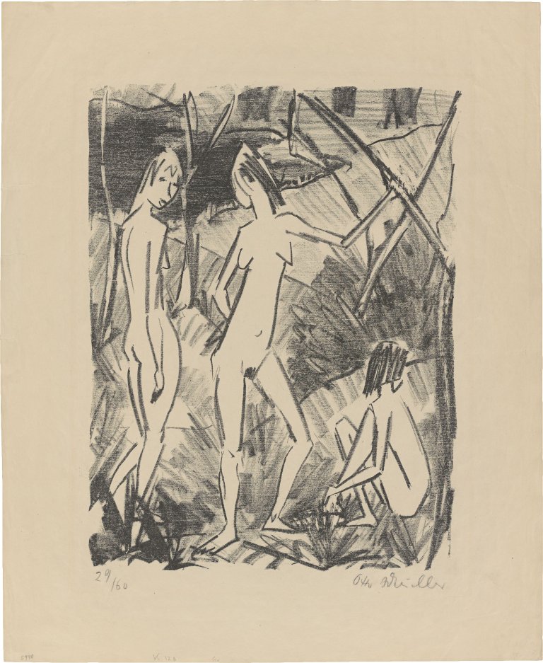 This picture shows the following artwork: Otto Mueller. ”Zwei Stehende und ein sitzendes Mädchen (Zwei stehende und ein hockender Akt)”. 1922-25.
