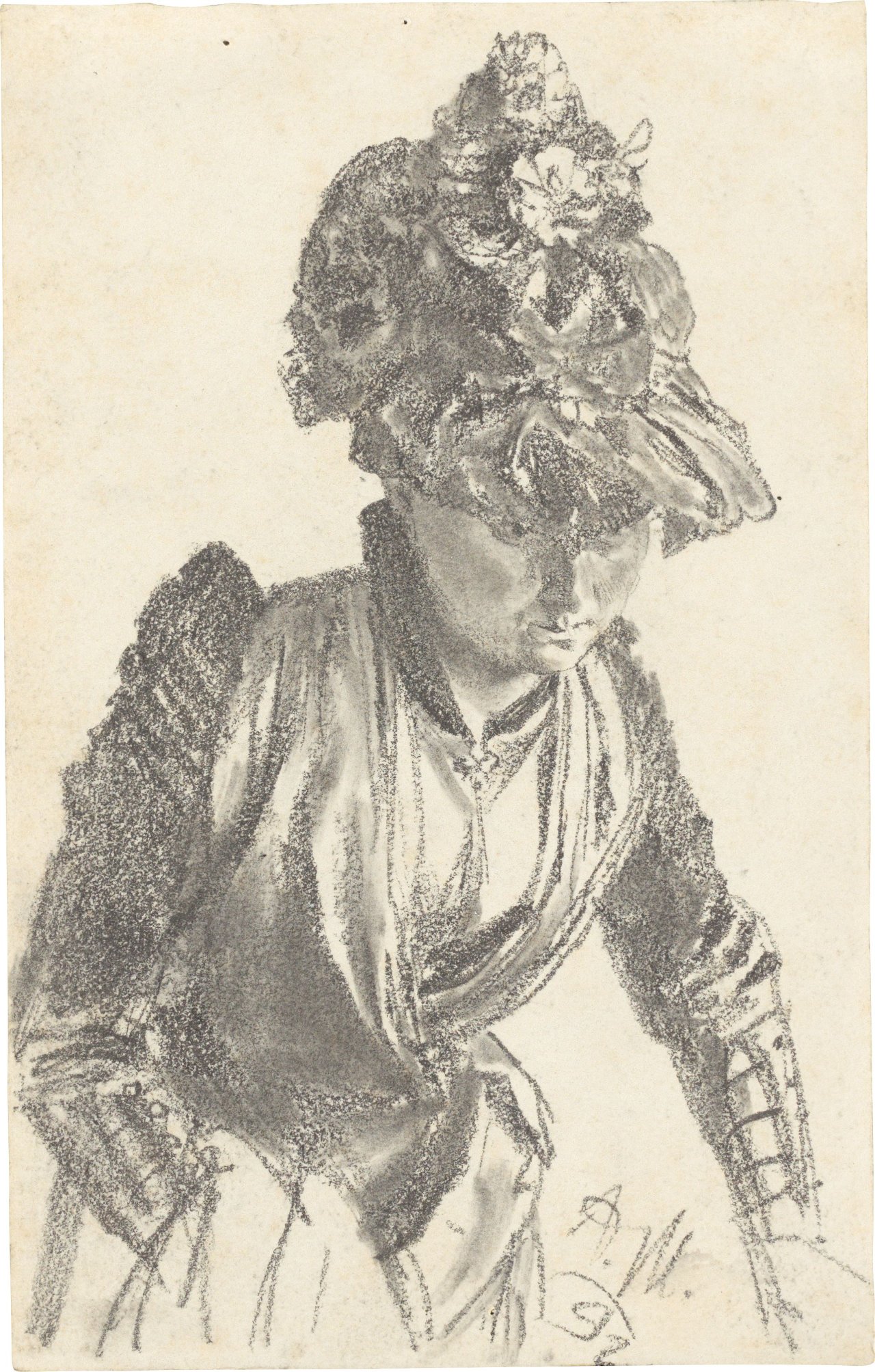 This picture shows the following artwork: Adolph Menzel. Dame mit Hut, nach rechts unten blickend. 1892.