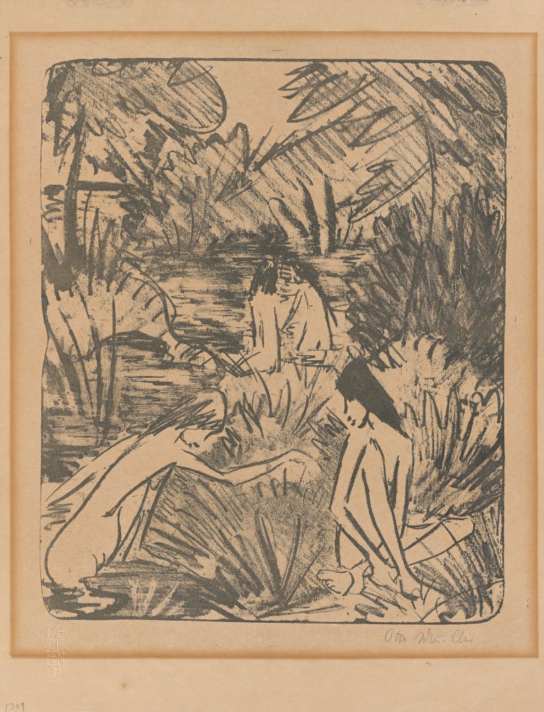 This picture shows the following artwork: Otto Mueller. ”Waldsee mit drei badenden und einem sitzenden Mädchen 2”. 1918.