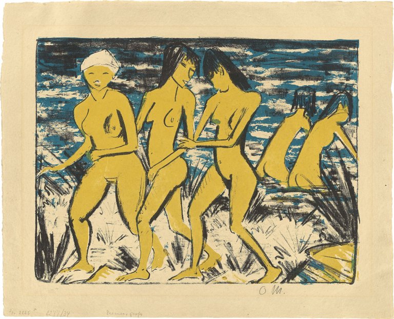 This picture shows the following artwork: Otto Mueller. ”Fünf gelbe Akte am Wasser”. 1921.