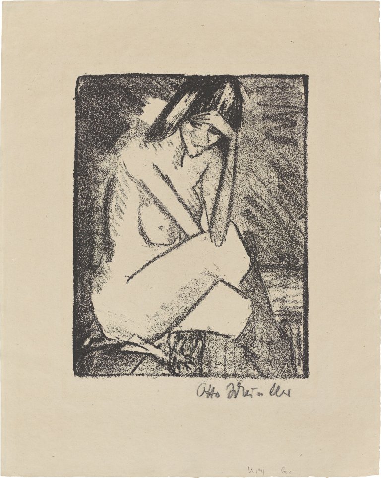 This picture shows the following artwork: Otto Mueller. ”Sitzende in Strümpfen (Sitzender Akt mit aufgestütztem Arm)”. Circa 1924.