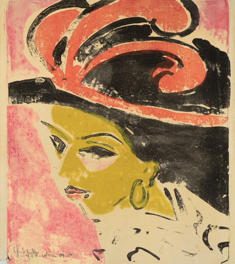 This picture shows the following artwork: Ernst Ludwig Kirchner. „Kokottenkopf in Federhut“. 1909/10.