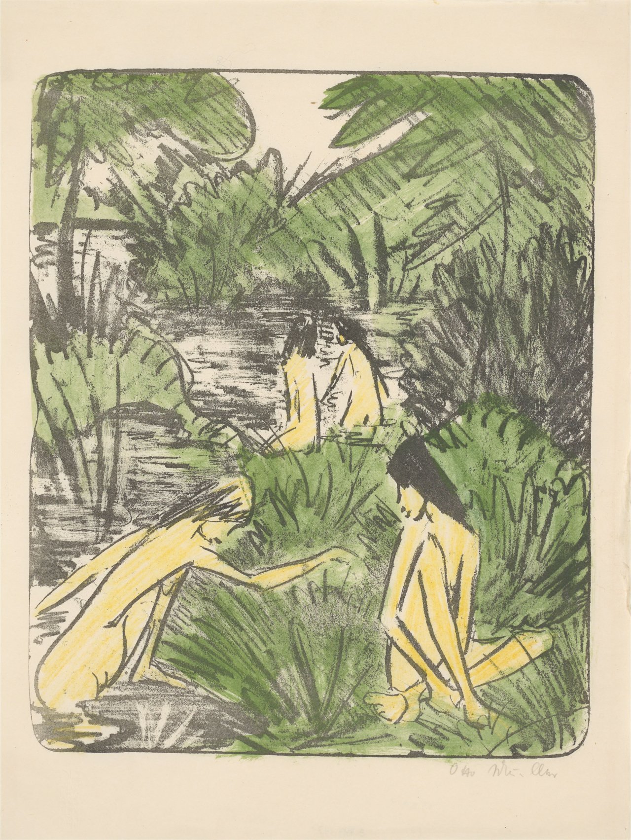 Auf diesem Bild ist das folgende Kunstwerk zu sehen: Otto Mueller. „Waldsee mit drei badenden und einem sitzenden Mädchen 2“. 1918.