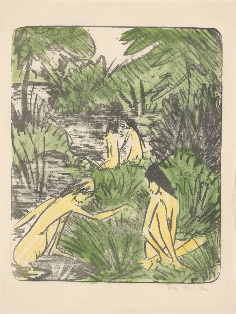 This picture shows the following artwork: Otto Mueller. ”Waldsee mit drei badenden und einem sitzenden Mädchen 2”. 1918.