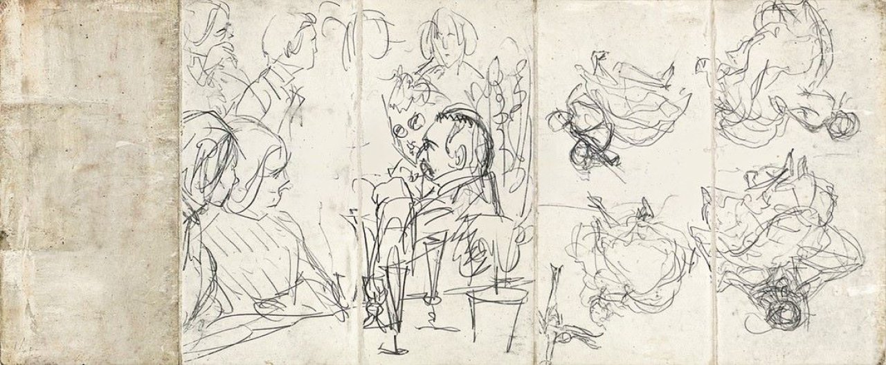 Auf diesem Bild ist das folgende Kunstwerk zu sehen: Adolph Menzel. Szenen aus einer Gesellschaft. Um 1865.