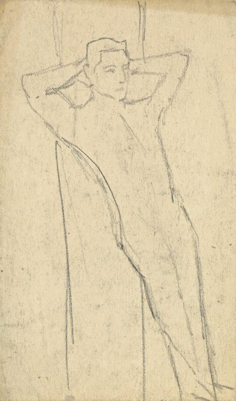 This picture shows the following artwork: August Macke. „Angelehnt stehender männlicher Akt am Baumstamm“. 1902.