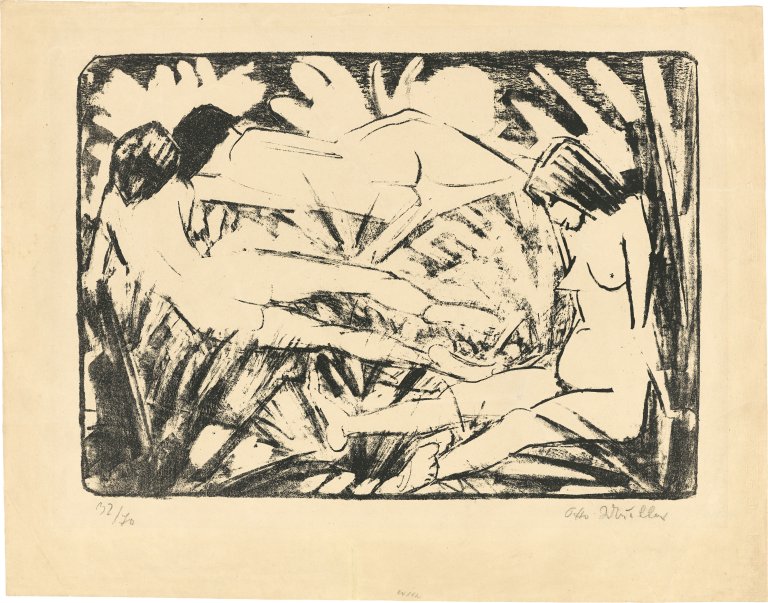 This picture shows the following artwork: Otto Mueller. ”Sitzendes und zwei liegende Mädchen im Gras”. 1922-26.