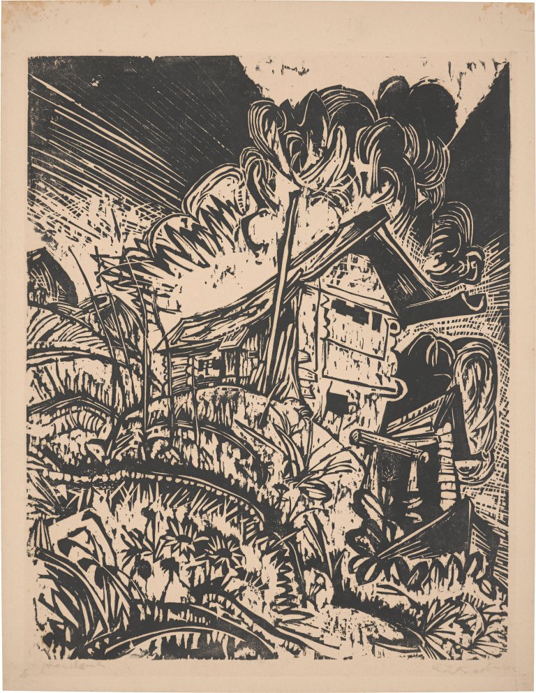 This picture shows the following artwork: Ernst Ludwig Kirchner. ”Berghaus mit Gewitterwolke. Alphütte bei Gewitter”. 1917.