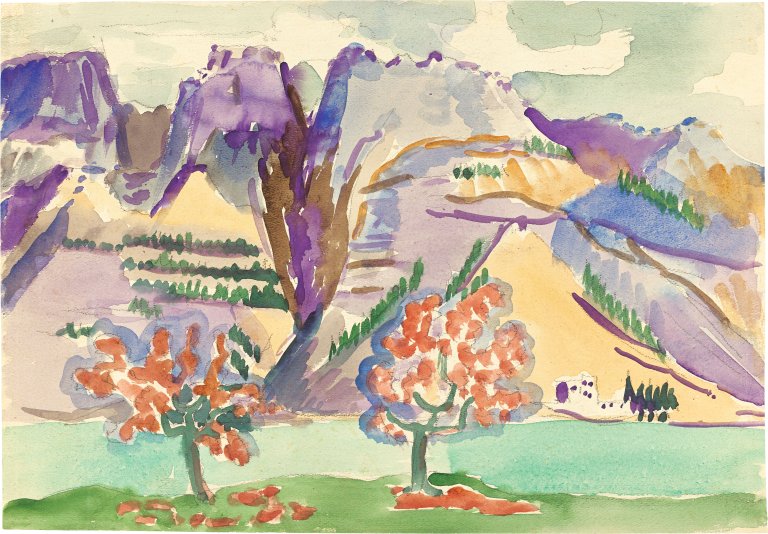 This picture shows the following artwork: Ernst Ludwig Kirchner. Alpine landscape with trees. Mid 1920s.