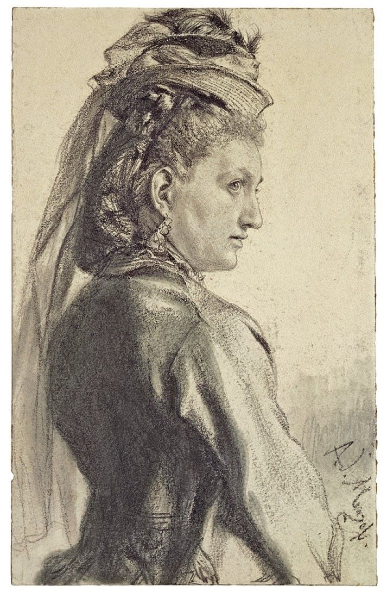 This picture shows the following artwork: Adolph Menzel. Frau mit Hut im Profil nach rechts.
