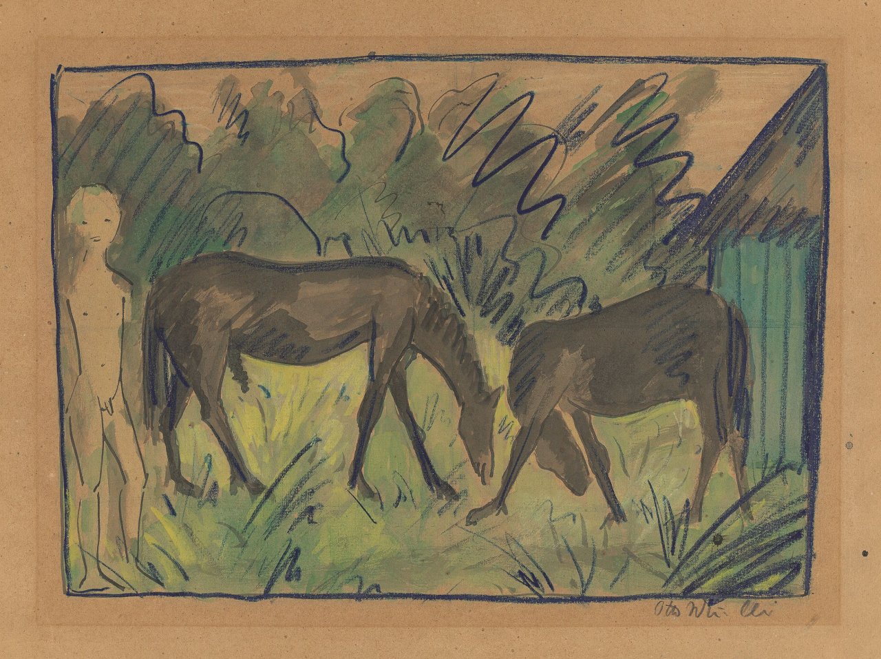 This picture shows the following artwork: Otto Mueller. ”Zwei Pferde mit Junge und Hütte”. Circa 1924.