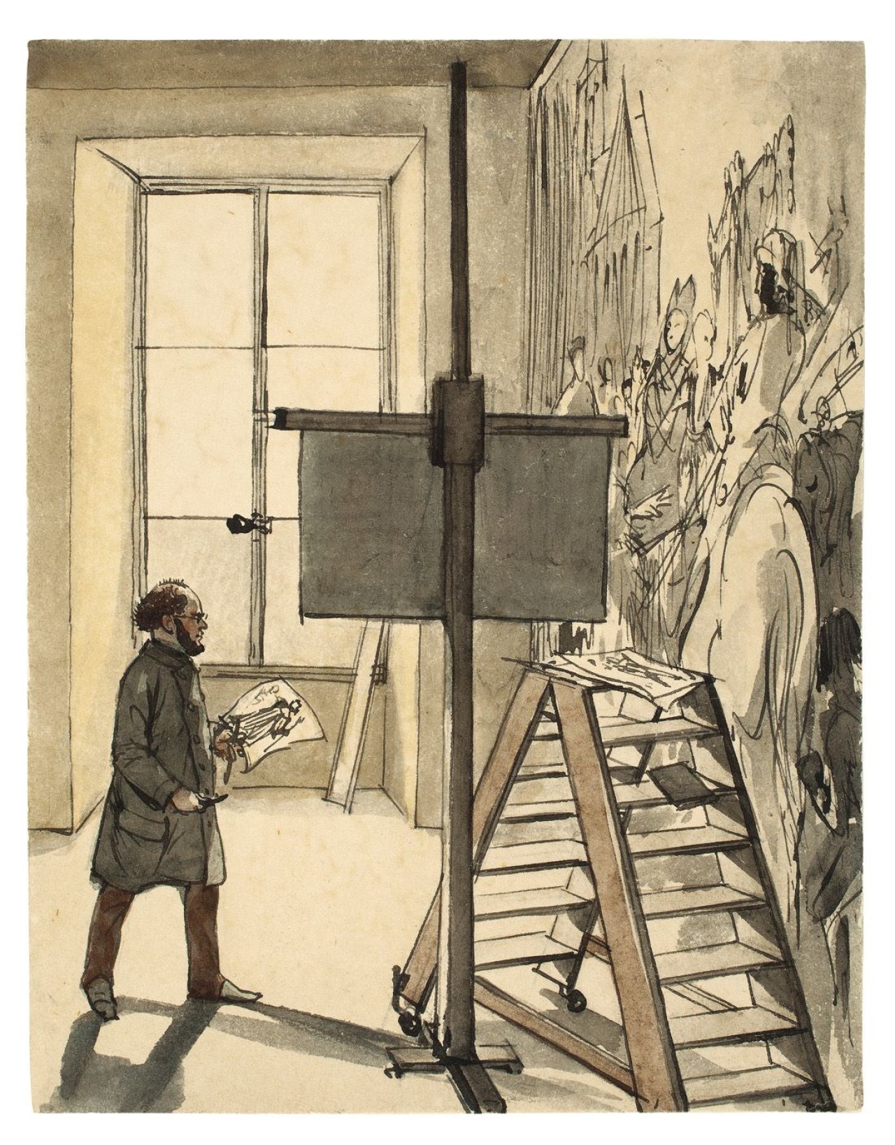 Auf diesem Bild ist das folgende Kunstwerk zu sehen: Adolph Menzel. Selbstbildnis im Kasseler Atelier. 1847/48.