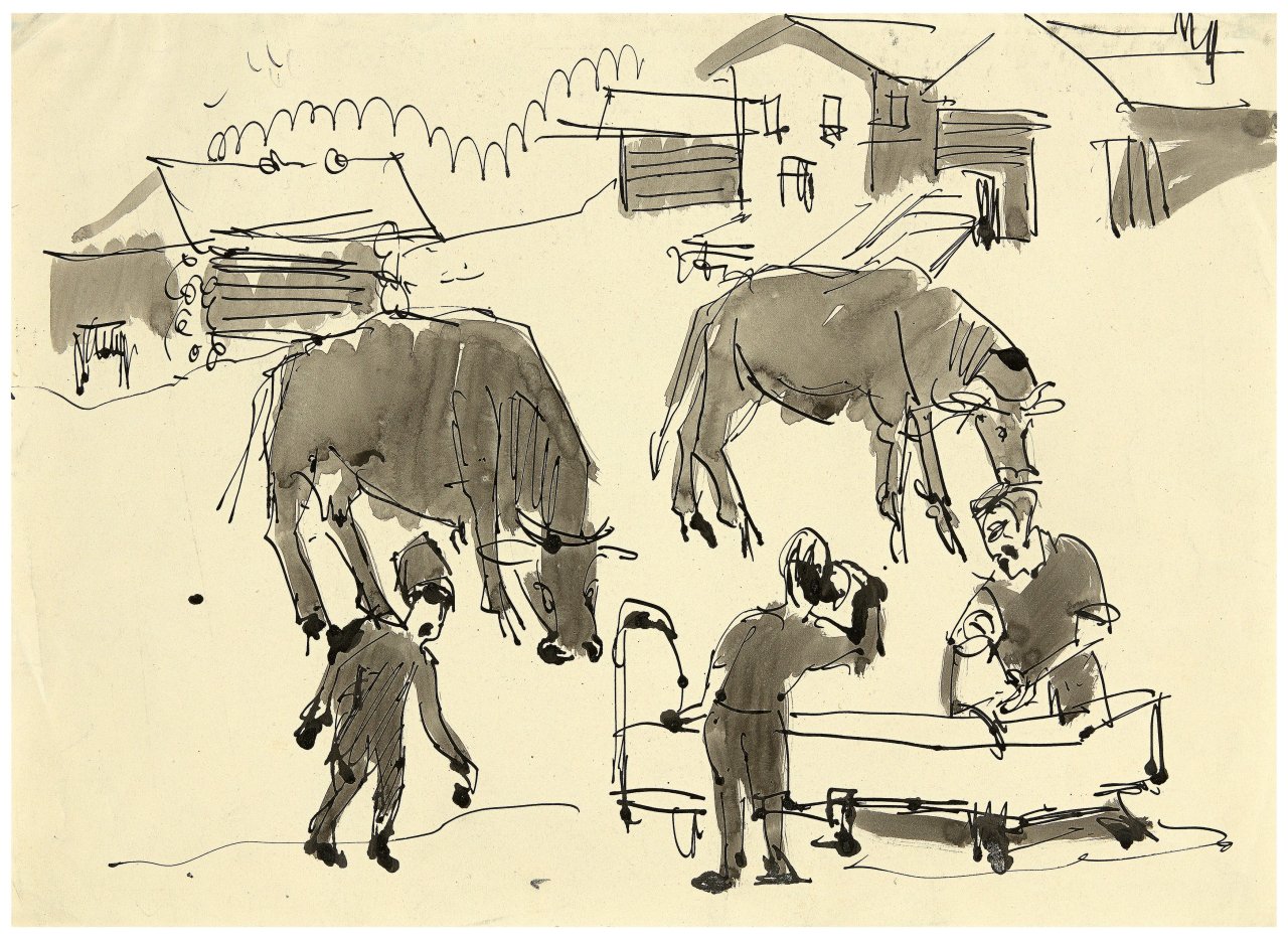 This picture shows the following artwork: Ernst Ludwig Kirchner. Bauernszene mit Kühen (In den Lärchen, Frauenkirch). Circa 1920.