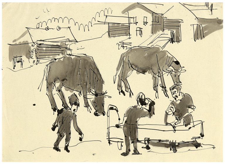 This picture shows the following artwork: Ernst Ludwig Kirchner. Bauernszene mit Kühen (In den Lärchen, Frauenkirch). Circa 1920.