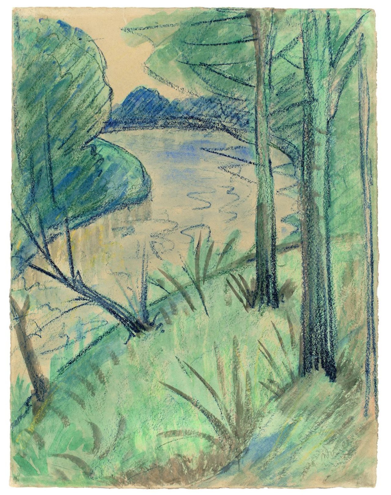 This picture shows the following artwork: Otto Mueller. „Flußlandschaft / Waldteich mit Bäumen“. Circa 1915.