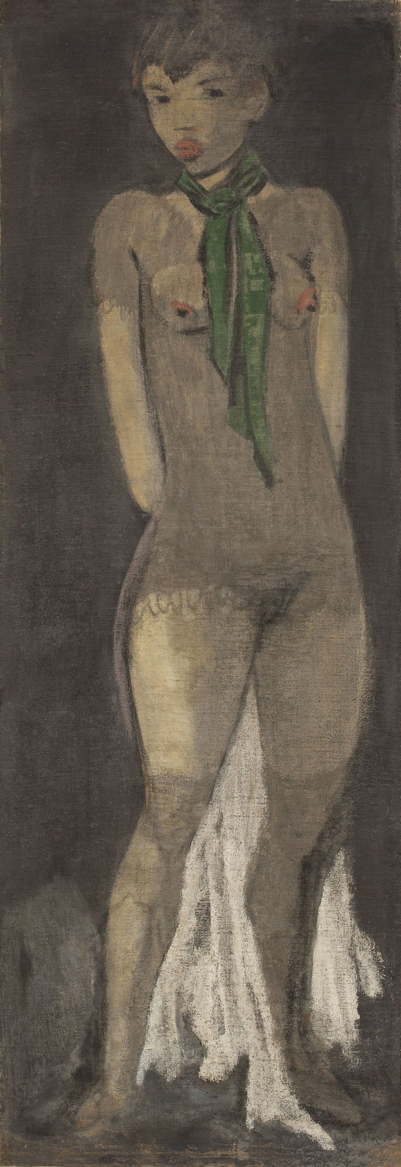 Auf diesem Bild ist das folgende Kunstwerk zu sehen: Otto Mueller. „Mädchen mit grünem Schal“ (Elfriede Timm) / „Stehender Mädchenakt“ (Maschka Mueller) (beidseitig bemalt). Um 1927/29 bzw. um 1926/28.