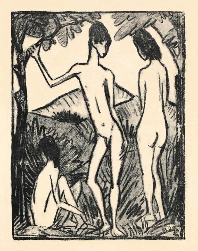 This picture shows the following artwork: Otto Mueller. „Stehender Knabe mit zwei Mädchen“. 1917.