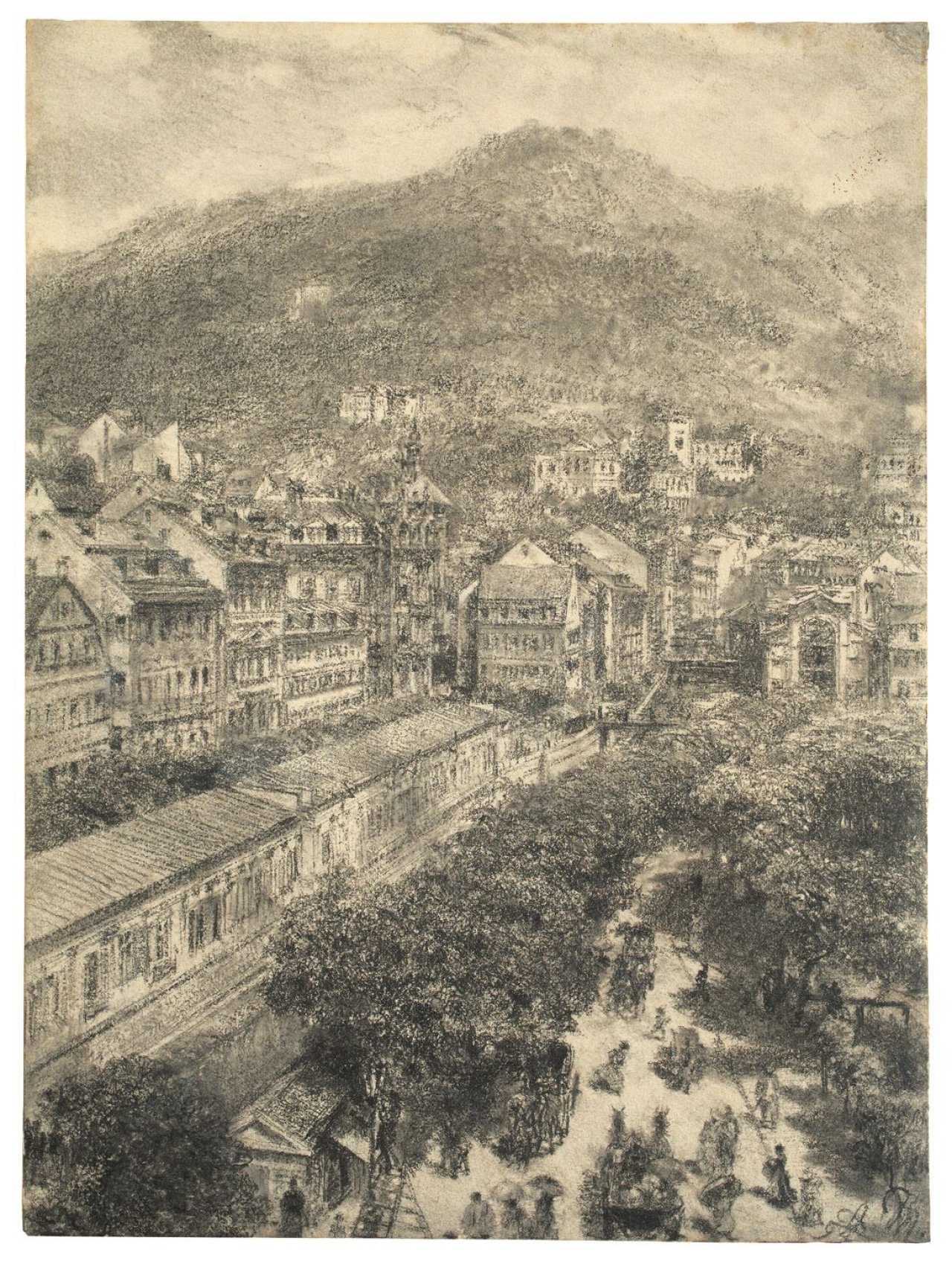 Auf diesem Bild ist das folgende Kunstwerk zu sehen: Adolph Menzel. Blick über Karlsbad. 1894.
