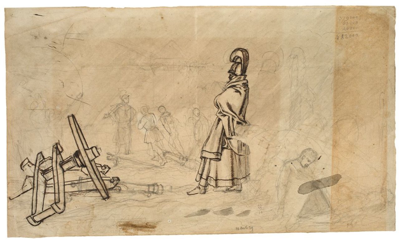 Auf diesem Bild ist das folgende Kunstwerk zu sehen: Adolph Menzel. Feldherr mit Soldaten (Studienblatt). 1829.